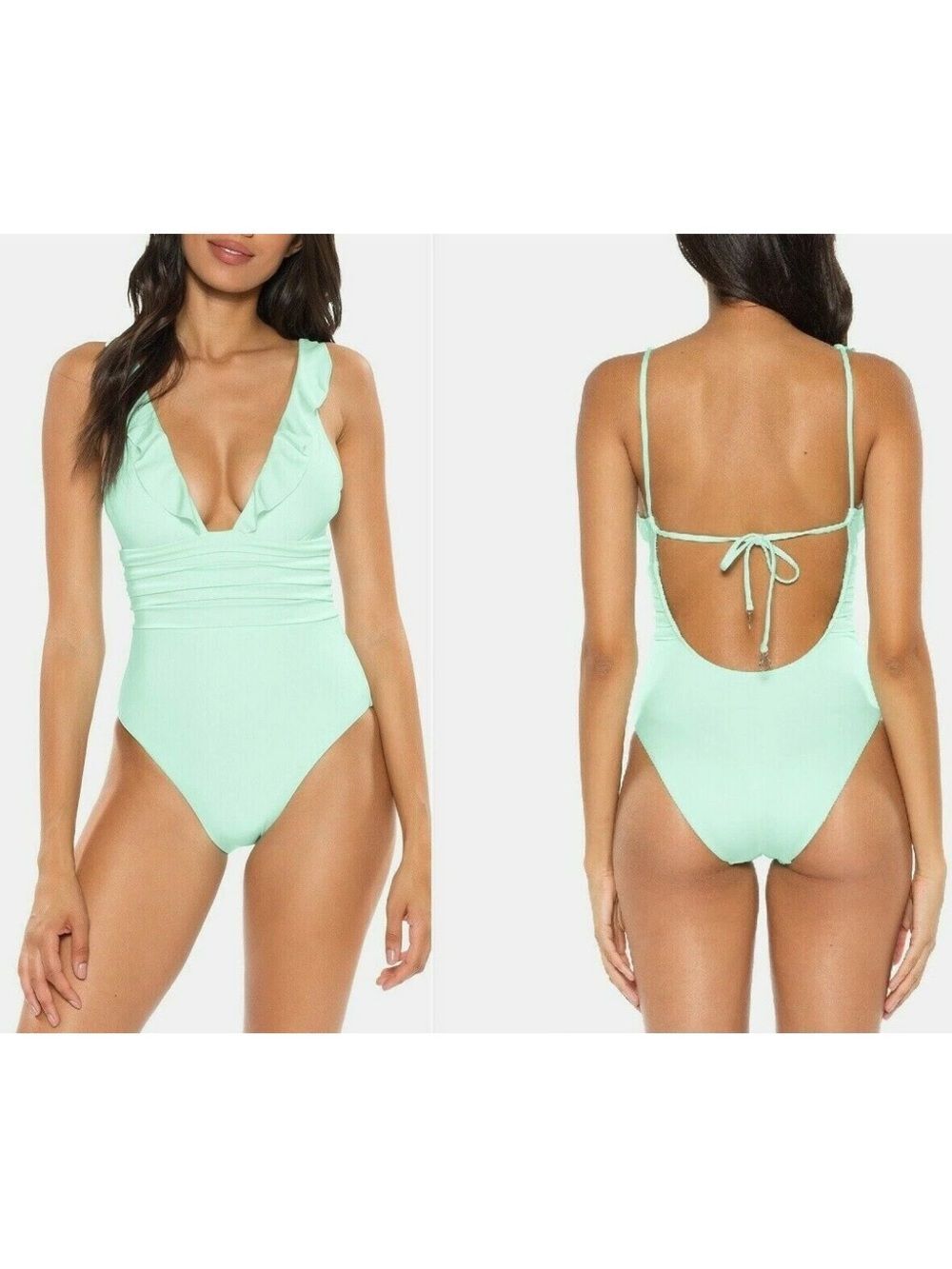 SOLUNA Mint Under the Sun V-Neck Ruffled One PC Maillot Size M Swimsuit NWT $118